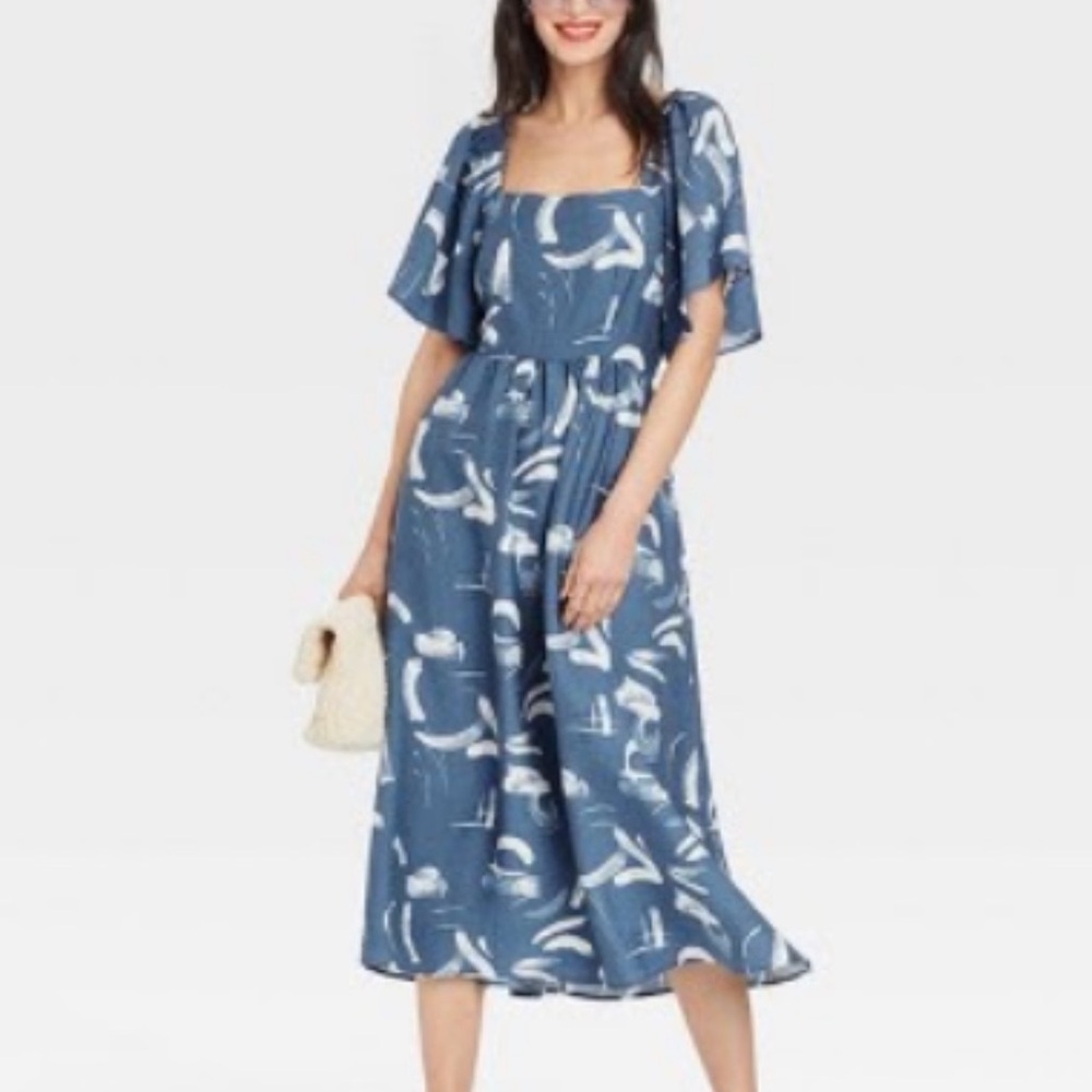Flutter Short Sleeve Tie-Back Midi Dress - L